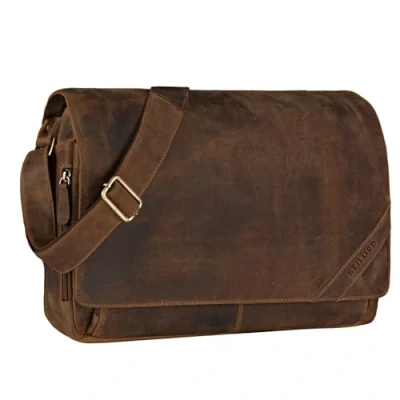 Abbildung von STILORD &#039;Nick&#039; Umhängetasche Leder Herren Damen Unitasche 15.6 Zoll Laptoptasche Aktentasche Bürotasche Vintage Büffel Leder, Farbe:calais braun