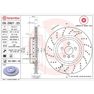 Abbildung von BREMBO 09.D901.23 Bremsscheibe 370 24 5 gelocht/innenbel., Verbundbremsscheibe beschichtet hochgekohlt mit Schrauben BMW: Saloon, Touring