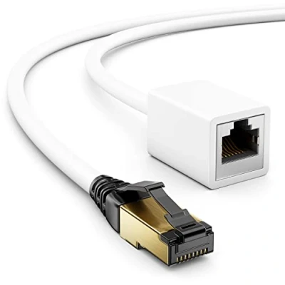 Abbildung von deleyCON 5m CAT8.1 RJ45 Verlängerung Patchkabel Netzwerkkabel 40 GBit/s 2000 MHz S/FTP Kupfer PiMF 1x Stecker Buchse für Ethernet LAN Gaming Streaming Weiß