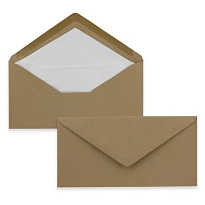 Abbildung von 50x Kraftpapier Umschläge DIN Lang Braun ÖKO Nassklebung 11 x 22 cm 120 g/m² Spitzklappe mit weißem Seidenfutter Recycling PAPIER von NEUSER