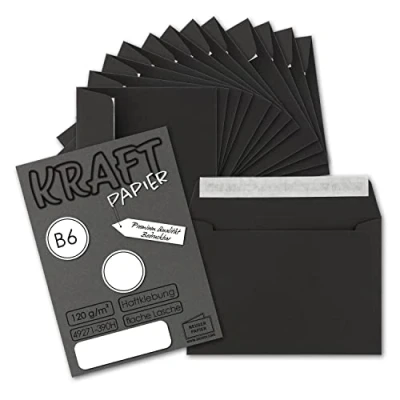 Abbildung von 50x Vintage Umschläge in Schwarz DIN B6 125 x 176 mm 120 g/m² Kraftpapier Recycling Haftklebung GUSTAV NEUSER