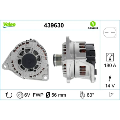 Abbildung von VALEO 439630 Lichtmaschine 14V 180A FIAT: Ducato III Van, Platform / Chassis, Minibus, CITROËN: Relay II Minibus