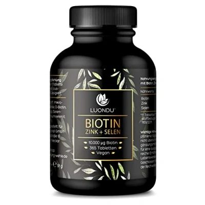 Abbildung von Biotin hochdosiert 10.000 mcg pro Tablette (365 vegane Tabletten 1 Jahr) Zink Selen Komplex für Haare, Haut und Nägel