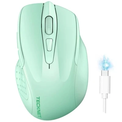 Abbildung von TECKNET Bluetooth Maus, Wiederaufladbare kabellose Maus (DREI Modi: BT 5.0/3.0 + 2,4 G), 4800 DPI, Ergonomische leise für Laptops, Mac OS, Android, Windows, Grün