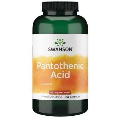 Abbildung von Swanson, Pantothenic Acid (Pantothensäure),Vitamin B5, 500mg, 250 Kapseln, hochdosiert, Laborgeprüft, Sojafrei, Glutenfrei, Ohne Gentechnik
