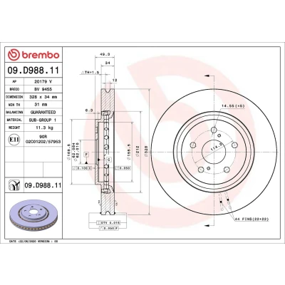 Abbildung von BREMBO 09.D988.11 Bremsscheibe 328 34 5 innenbelüftet beschichtet TOYOTA: RAV4 V, LEXUS: RX IV