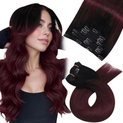 Abbildung von Moresoo Clip in Extensions Echthaar, Salon Qualität Weiches Glattes Haar 50 cm 7 Stück 120g #1B/99J Schwarz und Weinrot, Leicht zu Tragen Solide Langlebig