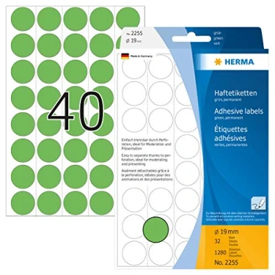 Abbildung von HERMA 2255 Punktaufkleber Klebepunkte perforiert grün, 1280 Stück, Ø 19 mm, 40 pro Bogen, selbstklebend, Markierungspunkte für Kalender Planer, matt, blanko Papier Farbpunkte Aufkleber