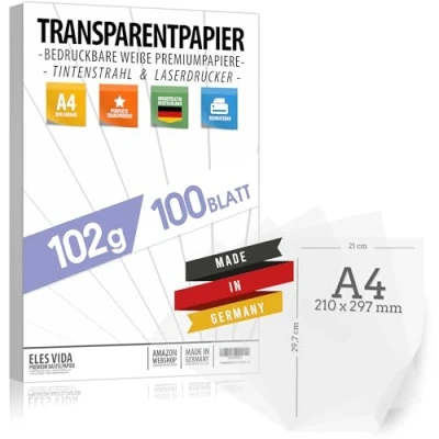 Abbildung von 100 Blatt Transparentpapier 102 g/m² DIN A4 BEDRUCKBAR, Pauspapier Bastelpapier Pergamentpapier, Laternen selber machen Drachenpapier zum Basteln Bastelset Kinder Transluzent Pergamynpapier