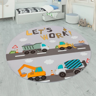 Abbildung von Paco Home Kinderteppich "Bino 578" rund 4 mm Höhe Spielteppich, Motiv Autos &amp; Baustelle, Kinderzimmer