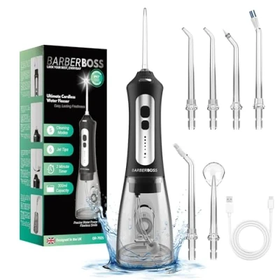 Abbildung von BarberBoss Munddusche, fortschrittliche tragbare elektrische Zahnseide für effektive Zahnreinigung, umfassendes Zahnpflegeset, kabelloses Mundduschengerät, Modell QR 7025 (schwarz)