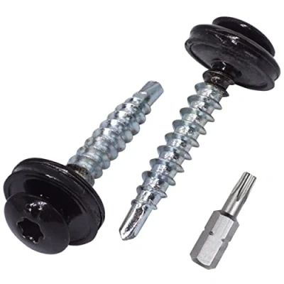 Abbildung von SKIR&#039;CO (150 Stück) Metall Dachschrauben 4,8 x 35 mm Lackierte selbstbohrende Schrauben mit EPDM Unterlegscheiben, Torx Kopf (Tiefschwarz RAL 9005)