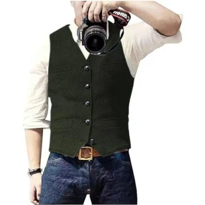 Abbildung von Solovedress Herren Casual Wolle Fischgrätmuster Anzug Weste V Ausschnitt Tweed für Hochzeit Groomsmen(Armeegrün,XXL)