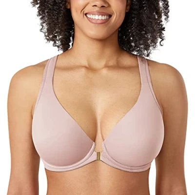 Abbildung von DELIMIRA Damen Vorderverschluss Racerback BH Grosse Grössen Bügel BHS Tiefer Ausschnitt Ungefüttert Vollschalen Rose rauchte 75G