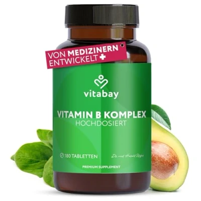 Abbildung von Vitabay Vitamin B Komplex Hochdosiert 180 VEGANE Tabletten (Halbjahres Vorrat) Vitamine Natürlich (Vitamin B12 B6 B2 B5 1 B9 B7) Vit