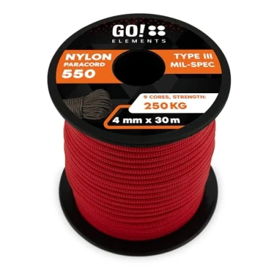 Abbildung von GO!elements 30m Paracord Seil aus reißfester Nylonschnur 4mm 550 Typ III Schnur Allzweckseil &amp; Reepschnur Max. 250kg, Farbe:Rot