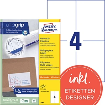 Abbildung von AVERY Zweckform 3483 Universal Etiketten (400 Klebeetiketten, 105x148mm auf A4, Papier matt, bedruckbare Versandetiketten, selbstklebende Versandaufkleber mit ultragrip) 100 Blatt, weiß