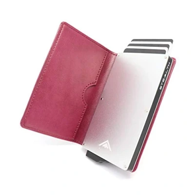 Abbildung von Stealth Wallet RFID Kartenportmonai Herren Minimalistische Pop Up Portemonnaies mit Geschenkbox Leichte Metall Kreditkartenhalter für Männer (Silbernes Aluminium, Burgunder Leder)