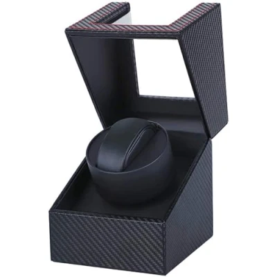 Abbildung von DRAIGERWAY Automatische Uhrenbeweger Box,luxuriöser Single Uhrenbeweger,Uhrengehäuse mit leisem Mabuchi Motor,Batteriebetrieb oder Netzteil PU Leder (Faser aus Kohlenstoff DGW)