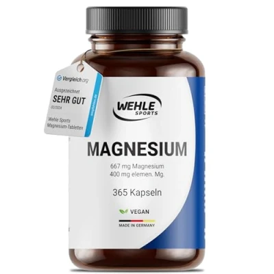 Abbildung von Magnesium 400mg Kapseln hochdosiert 365 Stück (1 Jahr) 667mg je Kapsel, davon elementares I Laborgeprüft Vegan Wehle Sports