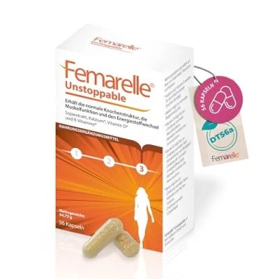 Abbildung von Femarelle Unstoppable 56 Kapseln Nach den Wechseljahren mit DT56a, Vitamin B2, D3, Biotin und Kalzium. Kann die Vaginalgesundheit fördern, für Knochen, Muskeln Gelenke