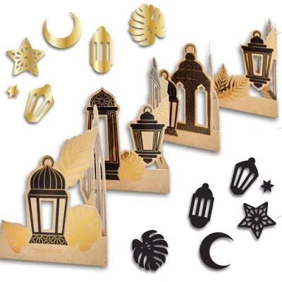 Abbildung von Papierdrachen Ramadan Tischdekoration Tischgirlande zum Aufstellen mit edlem Motiv Laternen schwarz Gold und inklusive Tischkonfetti goldfoliert Eid Mubarak Zuckerfest