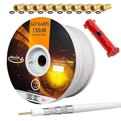 Abbildung von HB DIGITAL SET 25m Koaxial SAT Kabel 135db Weiß + 10x F Stecker vergoldet 1x Abisolierer CU Reines Kupfer Satellit Antennenkabel 5 Fach geschirmt für DVB S/S2 C/C2 T/T2 DAB+ Radio BK Anlagen