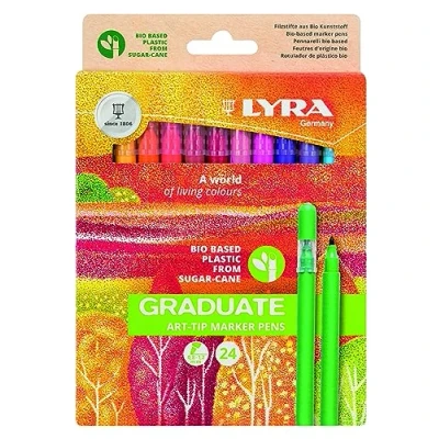 Abbildung von LYRA Graduate Art Tip Fasermaler, geruchsneutrale wasserbasierte Tinte, hergestellt aus 64% biobasiertem Kunststoff Zuckerrohr, 24 sortierte Farben