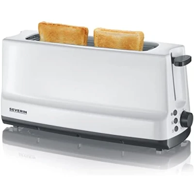 Abbildung von SEVERIN Automatik Langschlitztoaster, Toaster mit Brötchenaufsatz, Edelstahl zum Toasten, Auftauen und Erwärmen, 800 W, weiß / grau, AT 2232