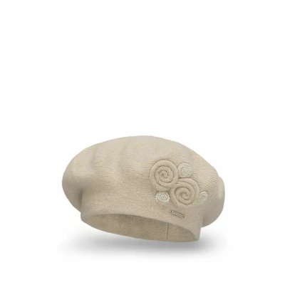 Abbildung von VIVISENCE Baskenmütze Damen Winter Elegante Mit Klassischem Herbst Frauen Mütze Schnitt Warmer Wollmischung Floraler Applikation Perfekter Passform Ideal Für Kalte Tage Modell, Beige,Einheitsgröße