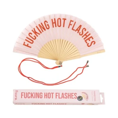 Abbildung von FISURA Origineller Handfächer mit der Botschaft F*cking hot flashes. Moderner und lustiger Holzfächer. Rosa Fächer. Fächer Fächerhalter. Maße: 42,5 x 23 cm.