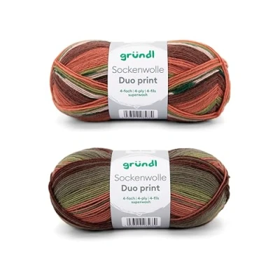 Abbildung von Gründl Sockenwolle Duo Strickset aus 2 x 100 g Sockengarn (75% Schurwolle (superwash), 25% Polyamid) + Anleitung, orange grün braun