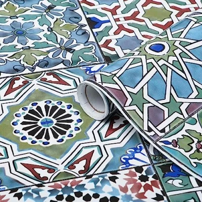 Abbildung von d c fix Möbel Klebefolie Faroso Fliesen Optik bunt 45 cm x 1,5 m Möbelfolie selbstklebend Deko Folie Tisch Küche Schrank Bad wasserfest Fliesenfolie Mosaik Kachel Muster Retro blau grün