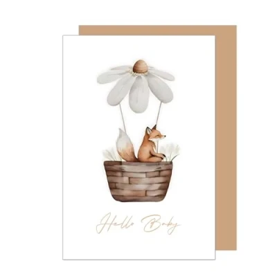 Abbildung von Edition Seidel Premium Glückwunschkarte zur Geburt mit Umschlag. Karte Grußkarte Babykarte Billet Hello Baby Junge Mädchen Kind Blume Heißluftballon Fuchs (E284 SW024)