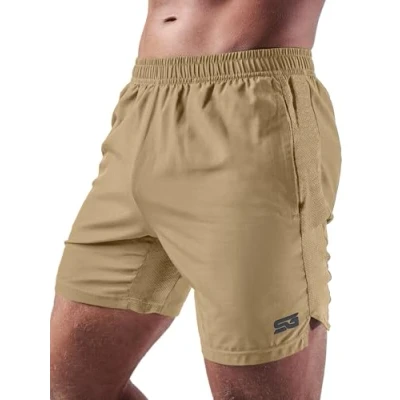 Abbildung von Satire Gym Sporthose Herren kurz mit Taschen Sport Shorts Männer als Laufhose Gymshorts (Running, Bodybuilding, Fitness Sand, L)