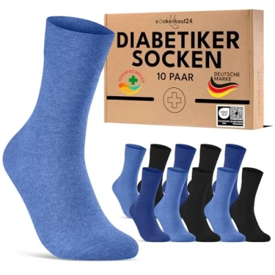 Abbildung von 10 Paar Diabetikersocken für Herren &amp; Damen ohne Gummibund Naht aus Baumwolle Diabetiker Socken mit Komfortbund Gummi 70208T (Schwarz/Blau 43 46) WP