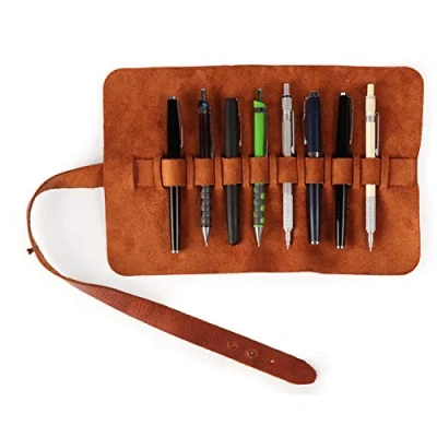 Abbildung von Londo Echtleder Stifterolle, Federmäppchen Elegante Roll up Bleistift Wrap, Mäppchen, Stift Organizer, Bleistiftkasten (Braun)