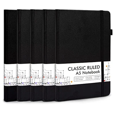 Abbildung von Notizbuch A5 liniert Hardcover, Feela 5 Notizbücher Set, Journal Buch mit 3 Gelstifte schwarz, 120 GSM, 13x21cm, Notizblock Set geeignet für Büro, Schule, Kinder und Erwachsene, Din A5, Schwarz