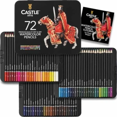 Abbildung von Castle Art Supplies 72 Aquarellstifte Set Leuchtende Premium Pigmente zum Vermischen, Zeichnen und Malen Für erfahrene Künstler, Hobby Profikünstler I In Präsentationsbox aus Blech