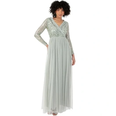 Abbildung von Damen Maxikleid Verziert Wrap Tüll Rüschen V Ausschnitt Langarm für Hochzeit Gast Brautjungfer Abschlussball Ballkleid Grüne Lilie 20, Lilie, 46
