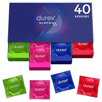 Abbildung von Durex Surprise Me Kondome in stylischer Box Extra Vielfalt, praktisch &amp; diskret verpackt für zuverlässigen Schutz mit einem angenehmen Geruch Großpackung 40 (1er Pack)