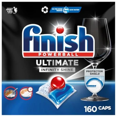 Abbildung von Finish Ultimate Infinity Shine Spülmaschinentabs Geschirrspültabs für ultimative Reinigung, Fettlösekraft und Glanz mit Schutzschild Gigapack 2x80 Tabs.
