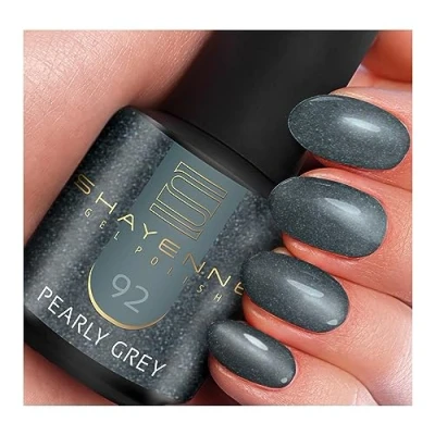 Abbildung von SHAYENNE Shellac Gel Nagellack 15 ml für UV LED Lampe 92 Pearly Grey Grau Glitzer MADE in GERMANY Nail Polish for Lamp Nagel