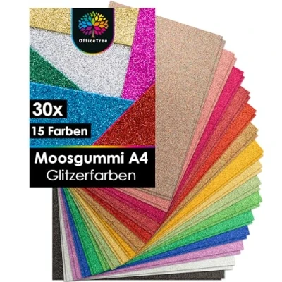 Abbildung von OfficeTree 30x Bögen Glitzer Moosgummi 2mm Platten A4 Schaumgummi Basteln Schaumstoff zum Glitzermoosgummi für DIY Bastelarbeiten
