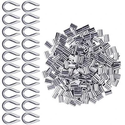 Abbildung von Aluminiumhülsen Clips 200 Stücke für Drahtseil 2mm Durchmesser Kabelkausche Rigging Aluminium Doppelhülsen Kabelklemmen + 20 Stück M2 304 Edelstahl Fingerhut (Silberton)