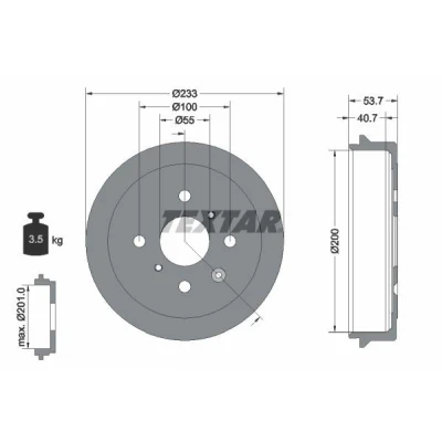 Abbildung von TEXTAR 94026500 Bremstrommel ohne Radlager, Radbefestigungsbolzen, Radnabe 233 TOYOTA: Aygo, PEUGEOT: 108 Hatchback, 107 Hatchback