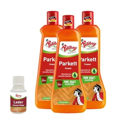 Abbildung von POLIBOY Parkett Pflege Pflegendes Reinigungsmittel für Holzböden Reinigungskonzentrat Mit Avocadoöl 3x 500 ml Produktprobe Made in Germany
