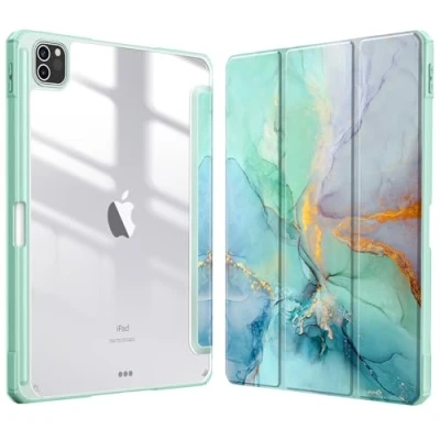 Abbildung von Fintie Hybrid Hülle für iPad Pro 11 2022/2021 (3./4. Generation) mit Stifthalter Stoßfeste Schutzhülle transparenter Hartschale auf der Rückseite 2020/2018, Smaragd Marmor