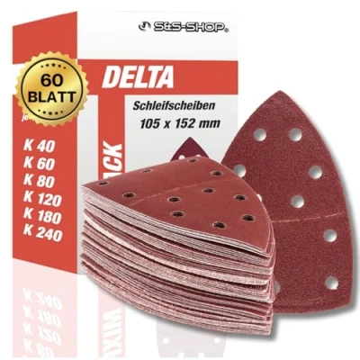 Abbildung von Klett Prio Schleifdreiecke Mix, 60 Blätter, 105x152 mm, 11 Loch, Korn 40/60/80/120/180/240, für Multischleifer, Schleifscheiben Set, Deltaschleifer und Multimaster