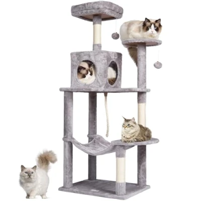 Abbildung von VEVOR Katzen Kratzbaum, 143 cm Katzenbaum mit Katzenhaus, Sisal Hängematte, Sitzstange Oben, Sprungplattformen, großes Katzenhaus Hängeball, Kletterbaum Aktivitätskratzbäum, hellgrau